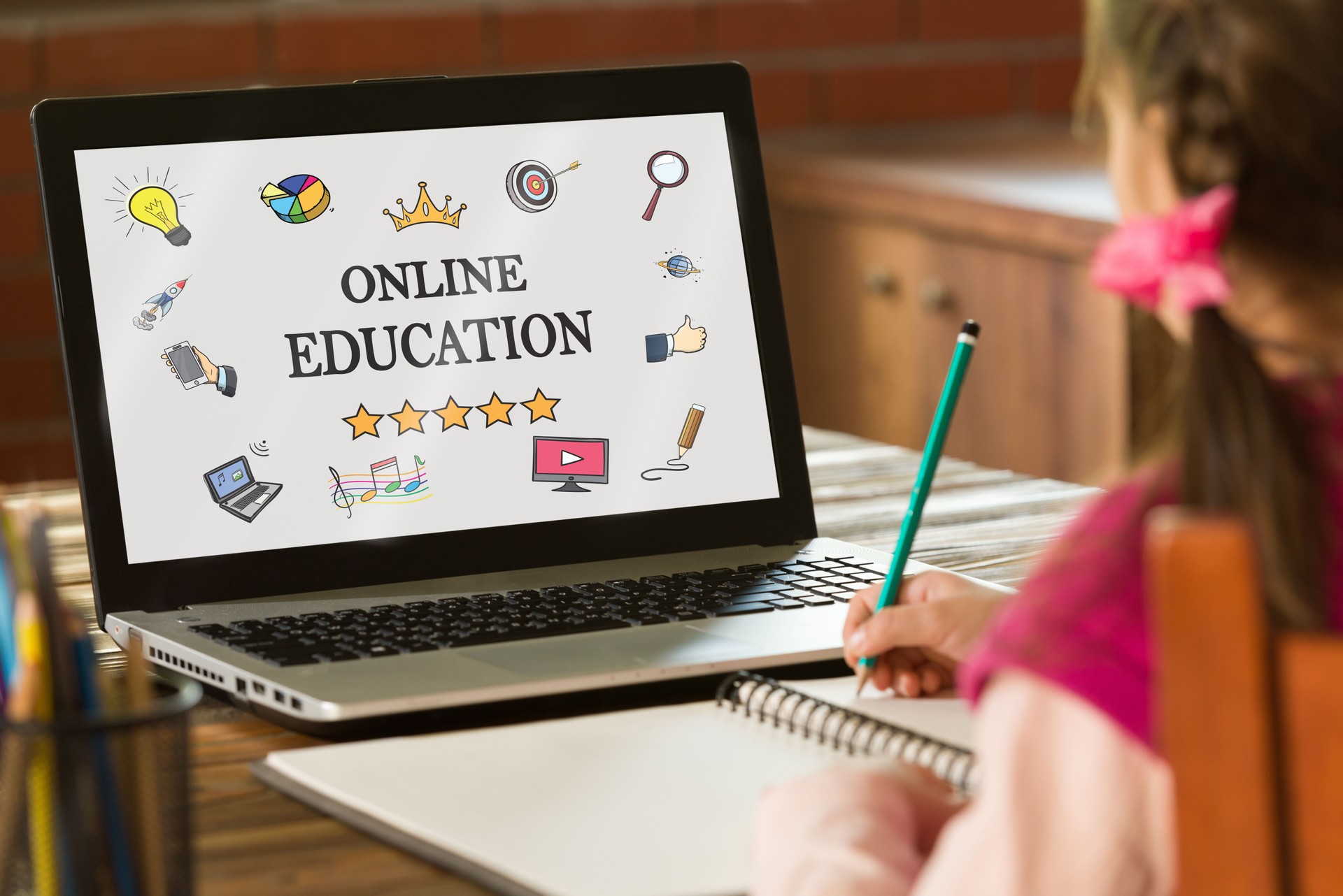 Online Remote Education Concept, Child Girl Studying At Home